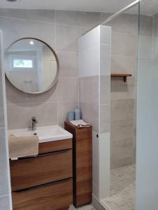 a bathroom with a sink and a mirror at Maison Avignon Intramuros Clim Wifi 2 chambres Idéal Festival in Avignon