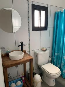 a bathroom with a toilet and a sink and a mirror at Angelina in Posadas +9 photos