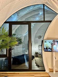 une pièce avec une grande fenêtre en verre avec une plante dans l'établissement Lyra at the Retreat, à Fredericksburg