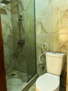 a bathroom with a toilet and a glass shower at 1 bedroom, 24hrs light, Netflix, Swimming pool in MIJL, Salem, Ikate in Lagos
