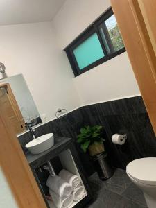 a bathroom with a sink and a toilet and a window at Casa Carolina Loft Aryaz in Tepoztlán