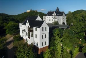 una vista aérea de una gran casa blanca en una colina en Haus Hainstein, en Eisenach