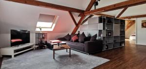 a living room with a couch and a tv at Südschwarzwald Ferienhaus für Gruppen & Monteure in Waldshut-Tiengen