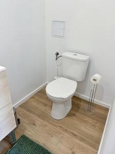 Un baño con inodoro blanco y suelo de madera. en Une touche de vert, en Mulhouse 1 foto más