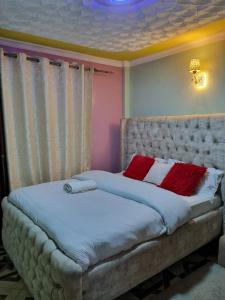 a bed with two red pillows on top of it at Spacious 1 Bedroom Mirema Drive with Parking in Nairobi +7 photos