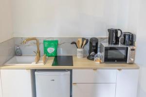 a kitchen counter with a microwave and a counter top with a microwave at Romantique Room balneo in Grenoble