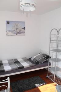 a bedroom with a bunk bed and a shelf at Ferienwohnung-Ferienliebe-Lahn-Dill in Hochelheim