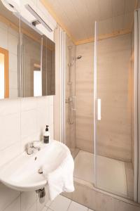 a bathroom with a sink and a shower at Gasthaus&Pension "Grünes Herz" in Unterschönau +14 photos