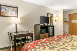 a hotel room with a bed and a desk and a tv at Econo Lodge Traverse City South in Traverse City