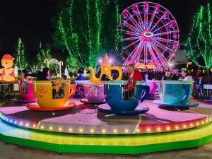 a merry go round at an amusement park with a ferris wheel at Vineyard Oasis Heart of the Hunter in Cessnock