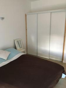 Un dormitorio con una cama con puertas de cristal y un televisor. en Superbe T2 dans grange, calme absolu, Pau à 10min, en Buros 5 fotos más