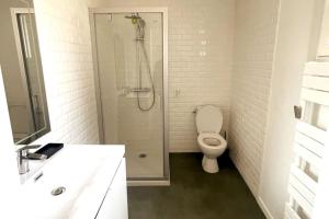 a white bathroom with a shower and a toilet at Charmant appartement Près de la Gare in Saint-Quentin