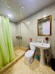 baño con cortina de ducha verde y aseo en Gold Khiva, en Khiva 33 fotos más