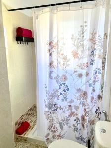 ein Badezimmer mit Toilette und Duschvorhang in der Unterkunft Precioso apto vistas panorámicas Océano Atlántico in Las Galletas