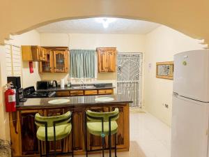 a kitchen with a counter and a refrigerator at Satin Dreams Jamaica in Steer Town