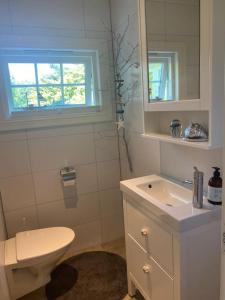 a bathroom with a toilet and a sink and a window at Drømmested for idylliske dager in Skjoldastraumen +16 photos