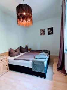 a bedroom with a bed and a chandelier at Ferienwohnung am Rabenauer Grund in Freital