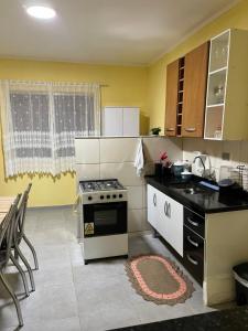 a small kitchen with a stove and a sink at Apto. em Conceição dos Ouros MG in Conceição dos Ouros