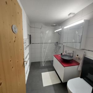 a bathroom with a red sink and a toilet at Ferienwohnung Halden in Unterwasser +18 photos