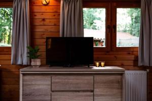 una TV a schermo piatto seduta sopra un comò di Sfeervol houten huisje met omheinde tuin op de Veluwe a Epe