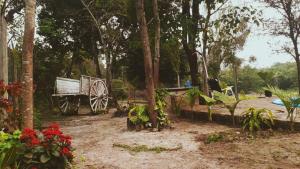 a garden with a bench and flowers and trees at Cabañas Carayá in Paso de la Patria