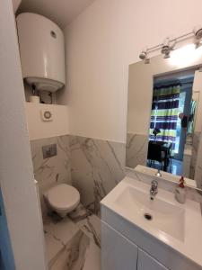 a bathroom with a sink and a toilet and a mirror at Villa Angelina Front Beach in Grimaud +40 photos