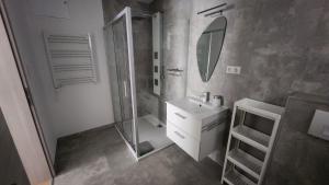 a bathroom with a shower and a sink and a mirror at Gästehaus Windrose in Fichtelberg
