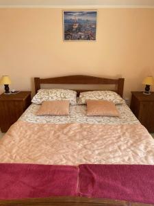 a bedroom with a large bed with two pillows on it at Садиба "Мапа" in Berehove +111 photos