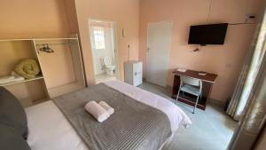 布拉瓦约Lynns Guest House的一间卧室，配有一张床、一张书桌和一台电视