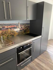 a kitchen with stainless steel appliances and a painting on the wall at Café und Restaurant Schlossblick in Kirchberg an der Jagst