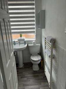 a bathroom with a toilet and a sink and a window at Ipswich town centre two bed apartment in Ipswich