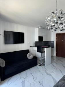 salon z czarną kanapą i telewizorem w obiekcie Apartament Kasprowicza 12A w Kołobrzegu