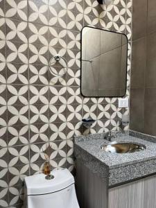 ein Badezimmer mit Waschbecken, Toilette und Spiegel in der Unterkunft El Descanso II in Barrio Rivadavia