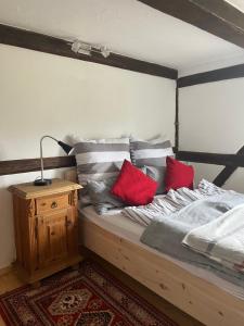 a bed with red pillows and a lamp on a table at Seminar-& Gästehaus Sissy Baumann in Nagel