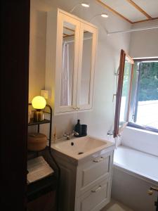 Ski Cottage في Semič: حمام مع حوض ومرآة ونافذة