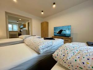 Ένα ή περισσότερα κρεβάτια σε δωμάτιο στο Apartmán Strážske s balkónom +27 φωτογραφίες