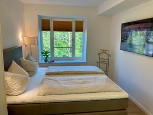 ein Schlafzimmer mit einem großen Bett und einem Fernseher an der Wand in der Unterkunft Dünenwelle - 3 Zi, Kü, 2 Bäder, Balkon in Binz