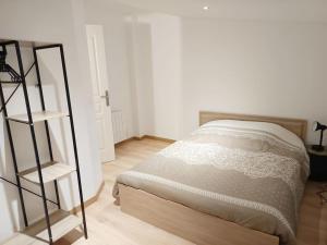 a bedroom with a bed and a book shelf at Le petit cocon in Pont-lʼÉvêque