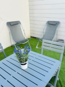 Agréable Studio proche Aéroport de Bordeaux في BOD: طاولة نزهة زرقاء مع نبات الفخار عليها