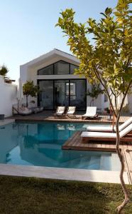 a house with a swimming pool with chairs and a tree at PoolHouse in the Historic Center in Baena
