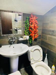 ein Badezimmer mit einer weißen Toilette und einem Waschbecken in der Unterkunft Sokolov apartments in Tbilisi City