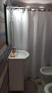 a bathroom with a sink and a shower curtain at Chill Out Piria 2 in Piriápolis +17 photos