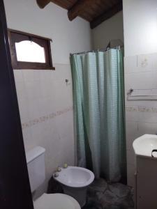 a bathroom with a toilet and a green shower curtain at Suites de Montaña Despertar del Gallo in Villa Cura Brochero