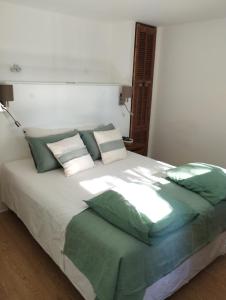 a bedroom with a bed with green and white pillows at Appartement piscine in Vence