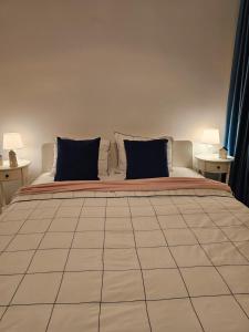 Un dormitorio con una cama grande con almohadas azules. en Hortensia Apartment, en Tomis Nord 16 fotos más