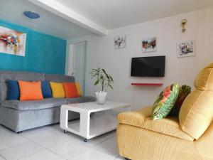 a living room with two couches and a tv at Les Hauts de Sainte-Anne "2 Spas privatifs" in Sainte-Anne