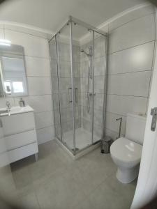 a bathroom with a shower and a toilet and a sink at Casa sintra in São Domingos de Rana