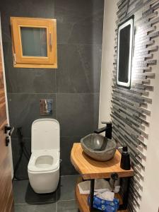 un bagno con un water e un lavandino di Chalet Cristal I a Les Contamines-Montjoie Altre 11 foto