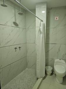 a white bathroom with a toilet and a shower at HOTEL PLAZA in La Paz