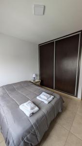a bedroom with a bed with two towels on it at DptosAlem555 in Santa Rosa